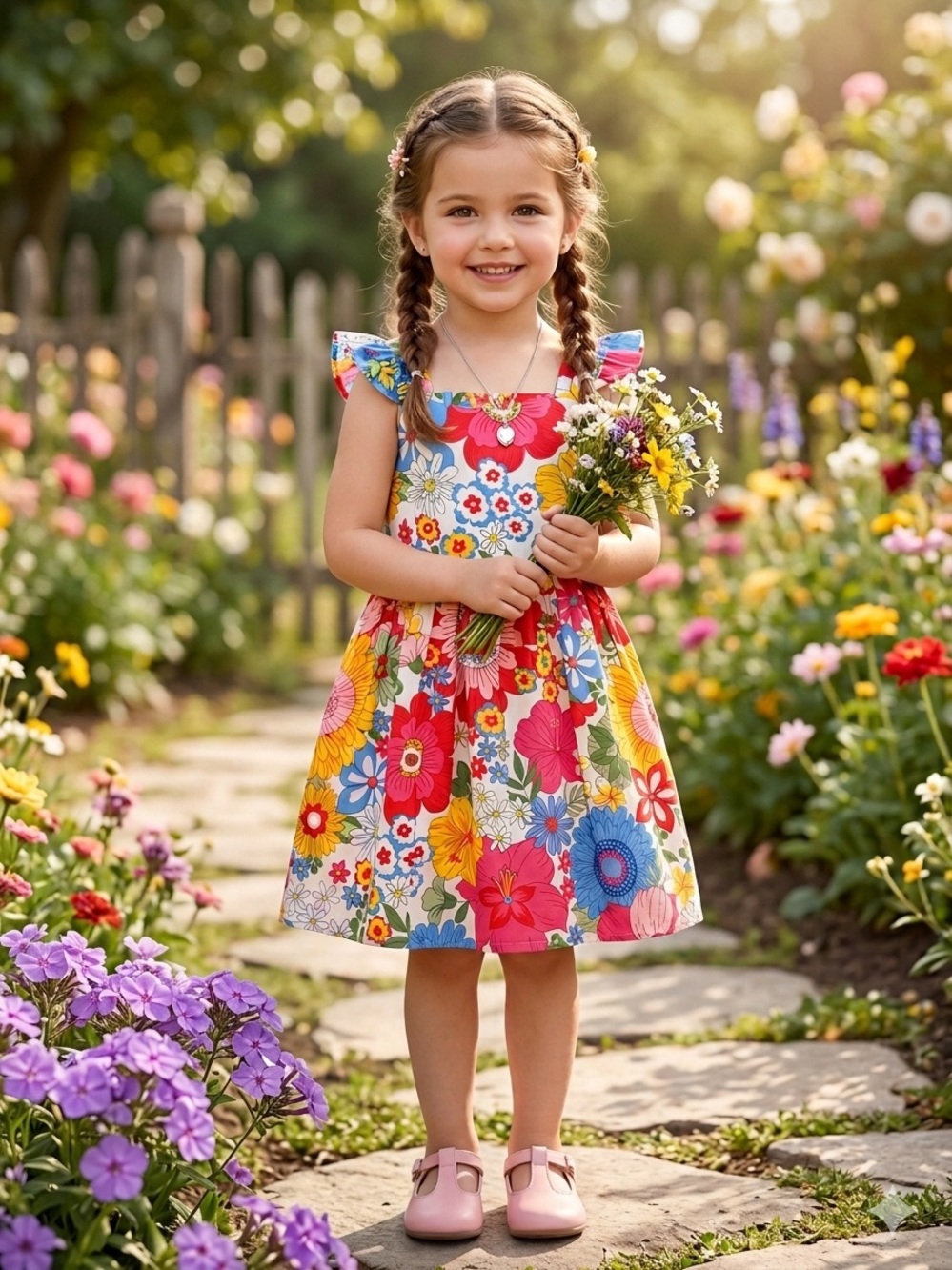 Girls Floral Cotton Summer Dress - Size 5T - Vibrant Garden Print